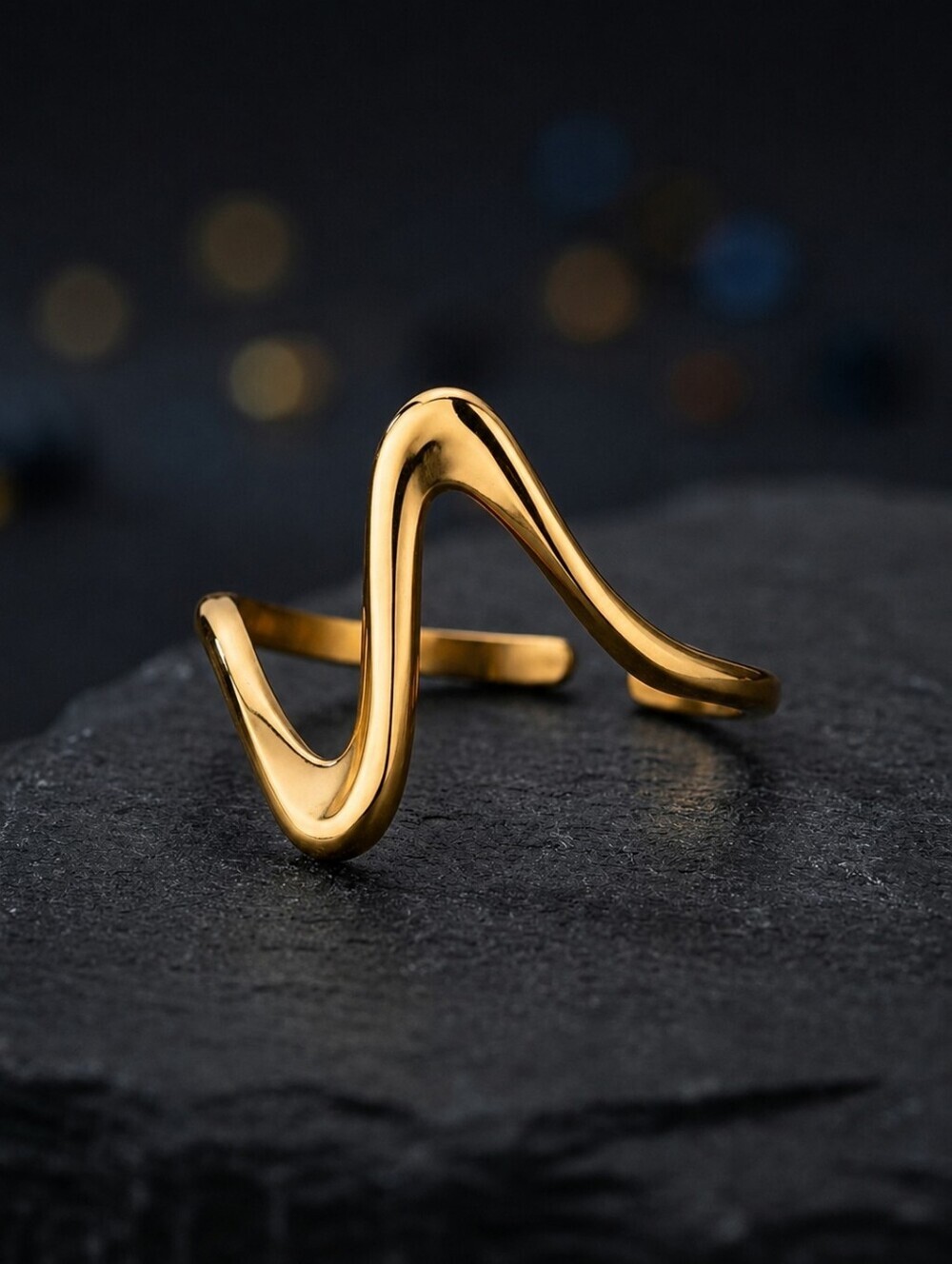 18K Gold Plated Stainless Steel Wave Ring Adjustable Modern Boho Statement